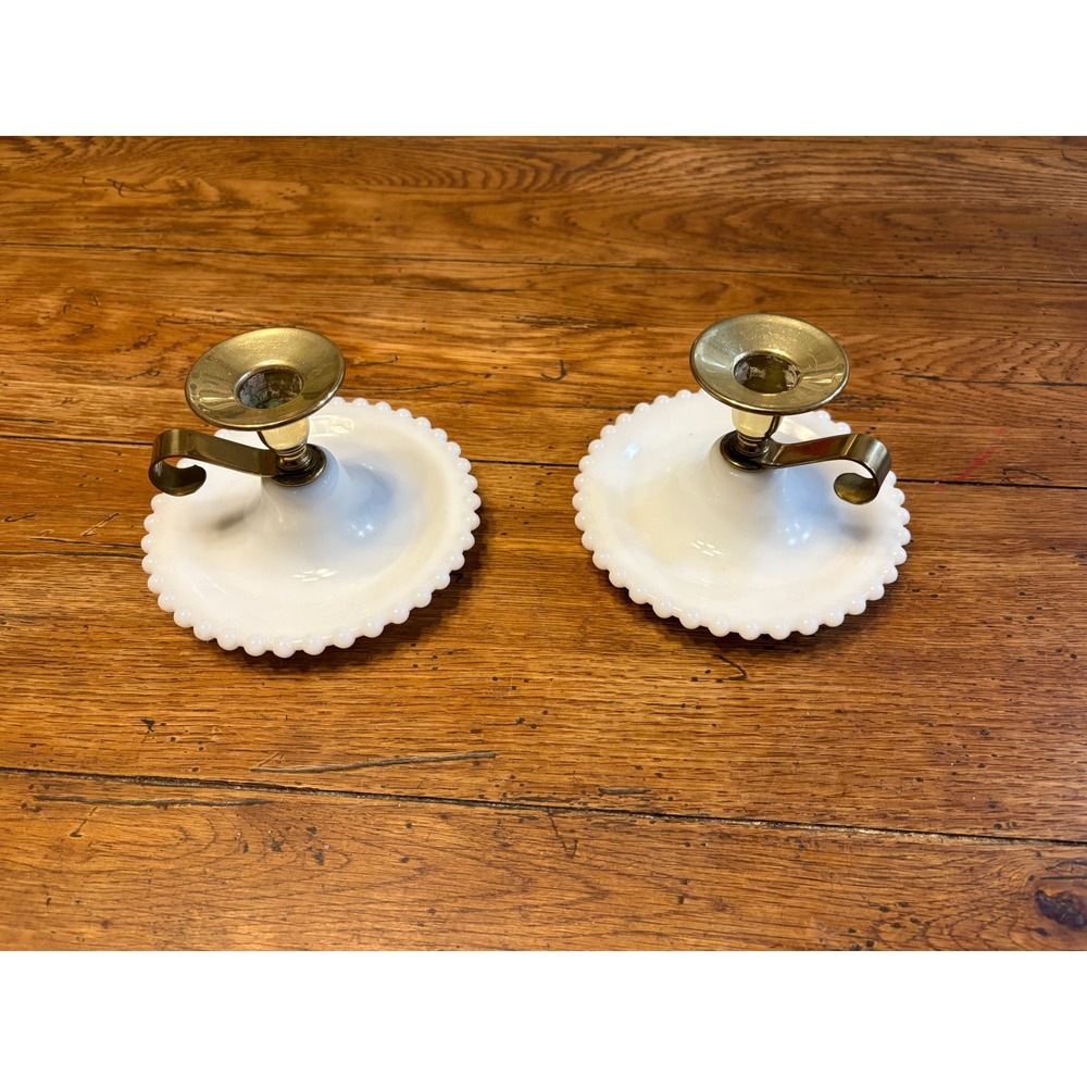 Pair of Vintage Brass & Hobnail Milkglass Chamberstick Candlestick Holders - Picture 4 of 6